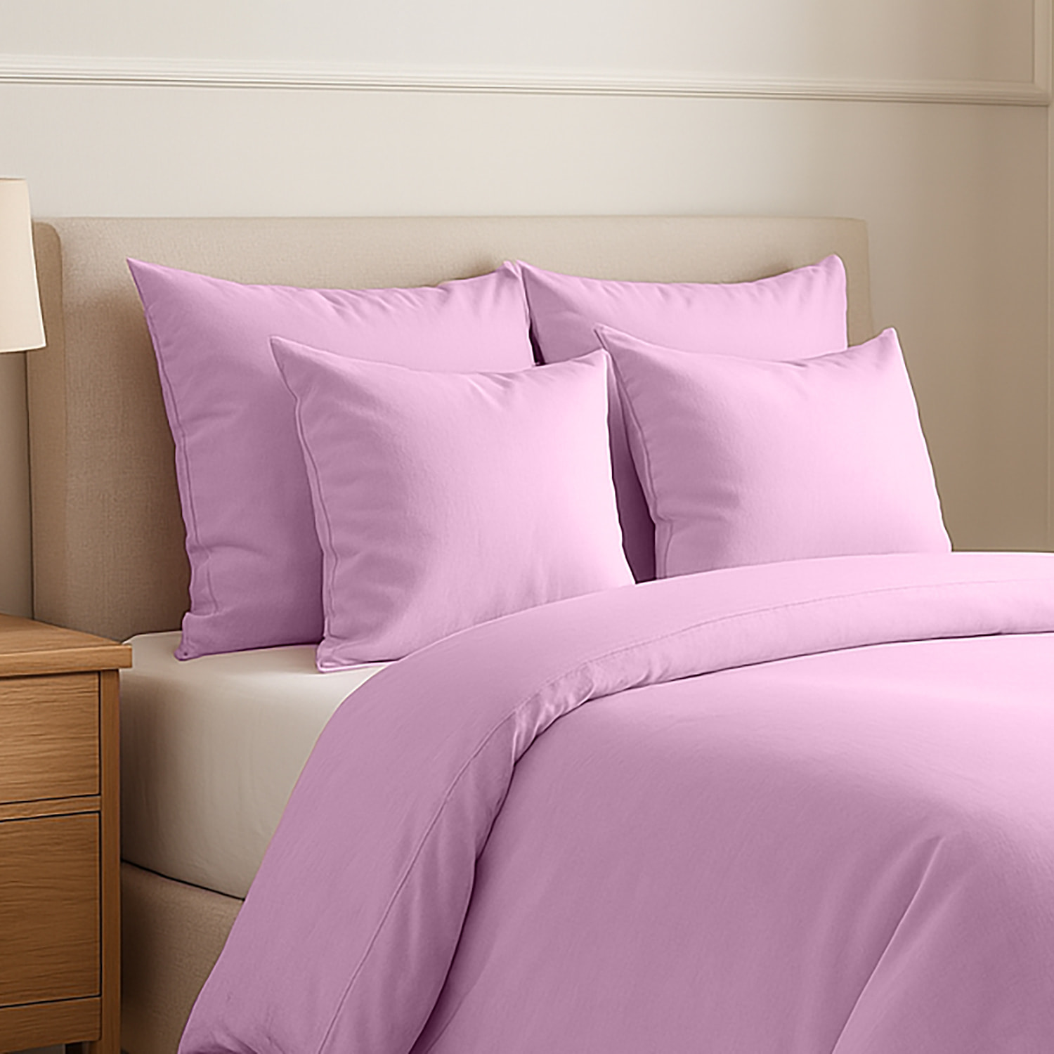 Parure Housse De Couette + 2 taies Coton 57 Fils Rose Rose