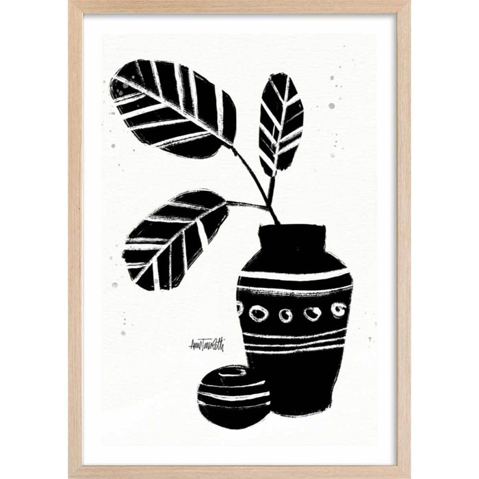 Illustration Botanique et Poterie azteque Affiche + cadre en bois - Chêne