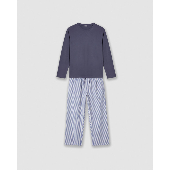 Pijama largo algodón rayas oxford azul