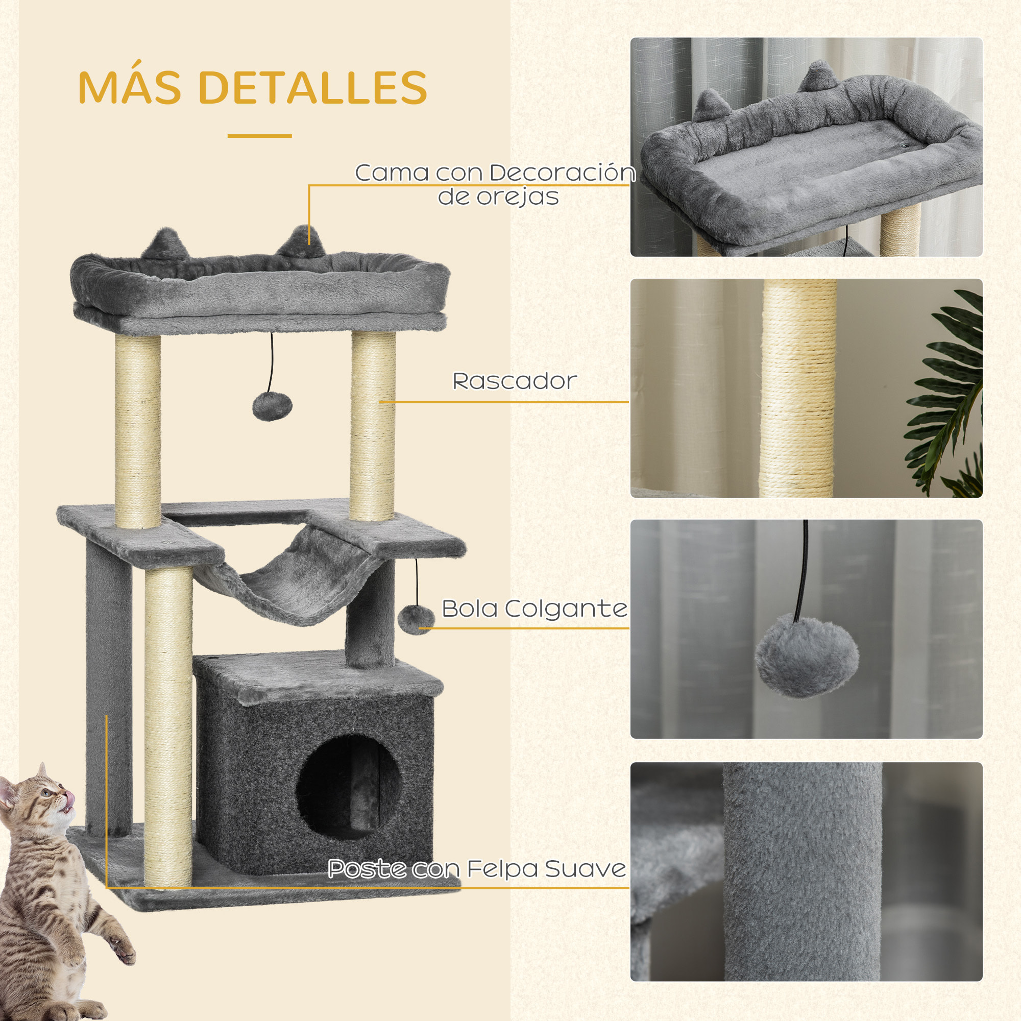 Árbol Rascador para Gatos Altura 90 cm Árbol para Gatos Torre para Gatos de 3 Niveles con Nido Hamaca Plataforma Bolas Colgantes y Poste de Sisal 48x48x90 cm Gris