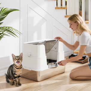 Arenero para Gatos de Acero Inoxidable XL Caja de Arena para Gatos Grandes Arenero con Tapa Abatible Laterales Altos Entrada Superior Pala sin Olores Fácil de Limpiar Antifugas Gris Claro