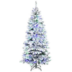 Árbol de Navidad Artificial con 250 Luces LED 210 cm Árbol Nevado con 829 Ramas y Base Plegable de Metal Decoración Navideña para Interiores Ø112x210 cm Verde