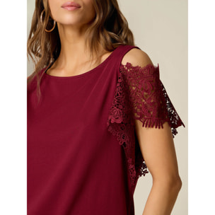 Oltre - T-shirt con maniche in pizzo e cut-out - Bordeaux