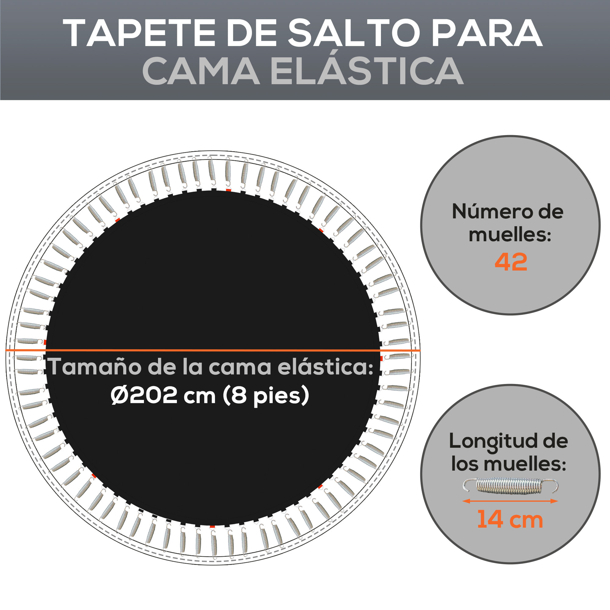 Tapete de Repuesto para Trampolín Redondo Ø202 cm Colchoneta para Trampolín de 8 Pies con 42 Ganchos en Forma de V Anti-UV y 8 Filas de Costuras Carga 120 kg Negro