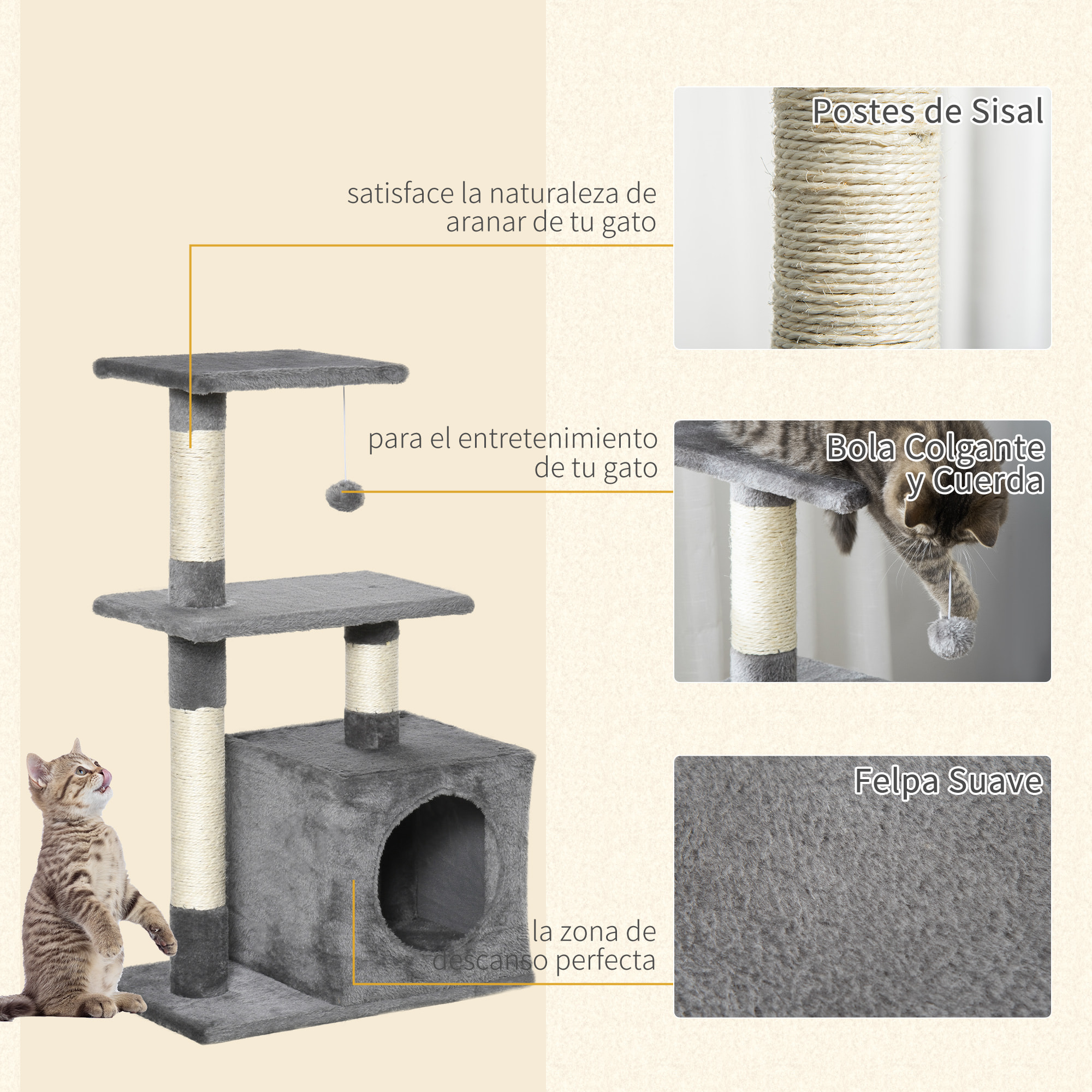 árbol Rascador para Gatos de Felpa y Sisal 50x30x80cm Gris