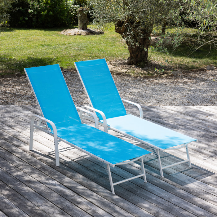 Lot de 2 bains de soleil SARDINIA en textilène bleu - structure blanche