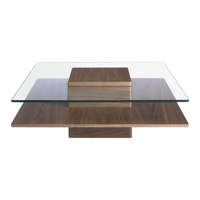 Mesa de centro de nogal y cristal 100x100x35cm