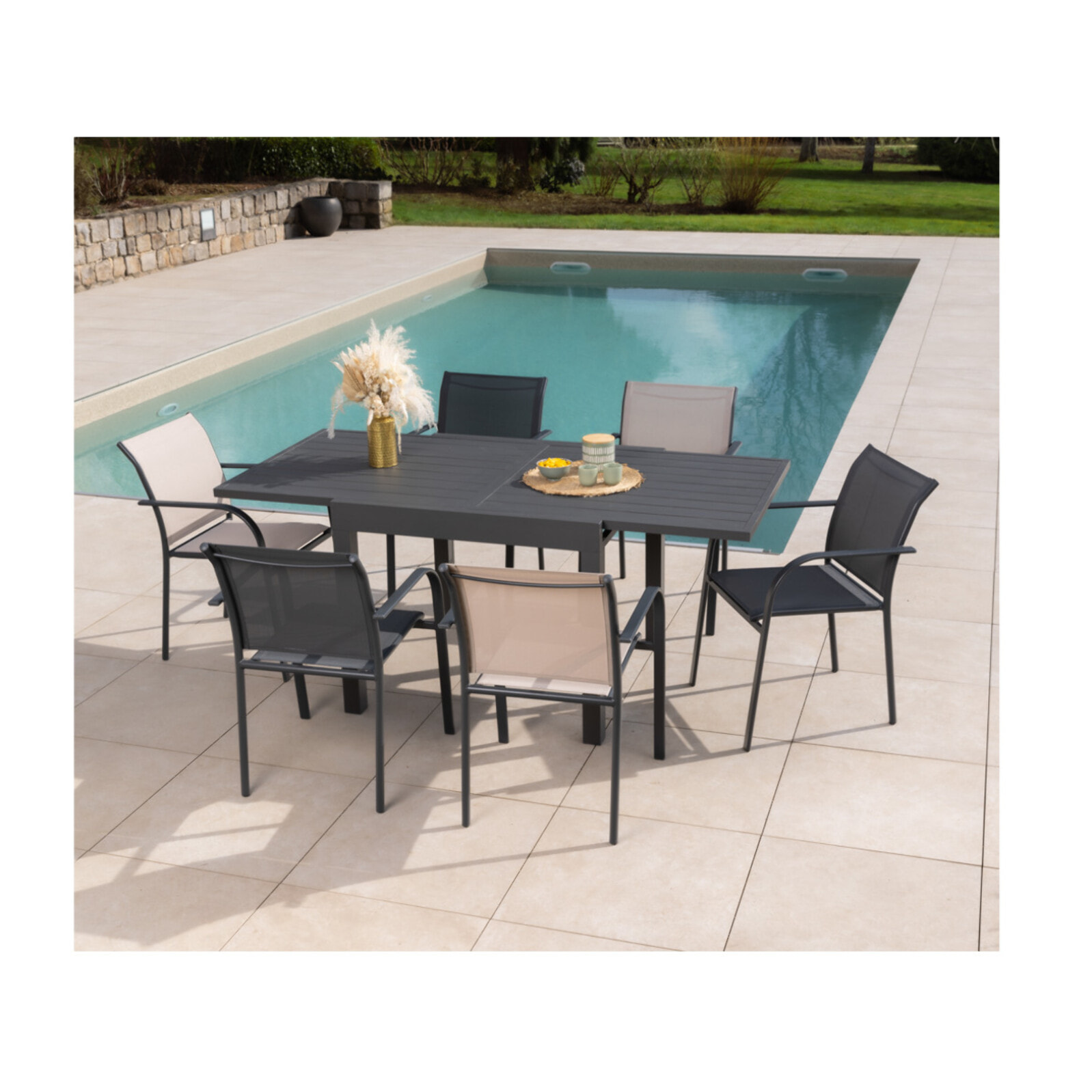 Ensemble table et chaises de jardin  - Gris anthracite et Lin - HONFLEUR BEZIERS
