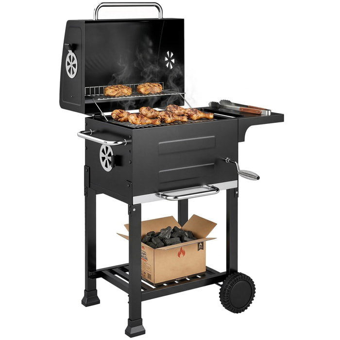 Barbacoa de Carbón Portátil, Barbacoa de Carbón con Termómetro, Ventilación Ajustable, Parrilla de Acero Inoxidable, Estante Lateral, Tapa, Bandeja Cenizas, Ruedas, Estante Inferior, Negro