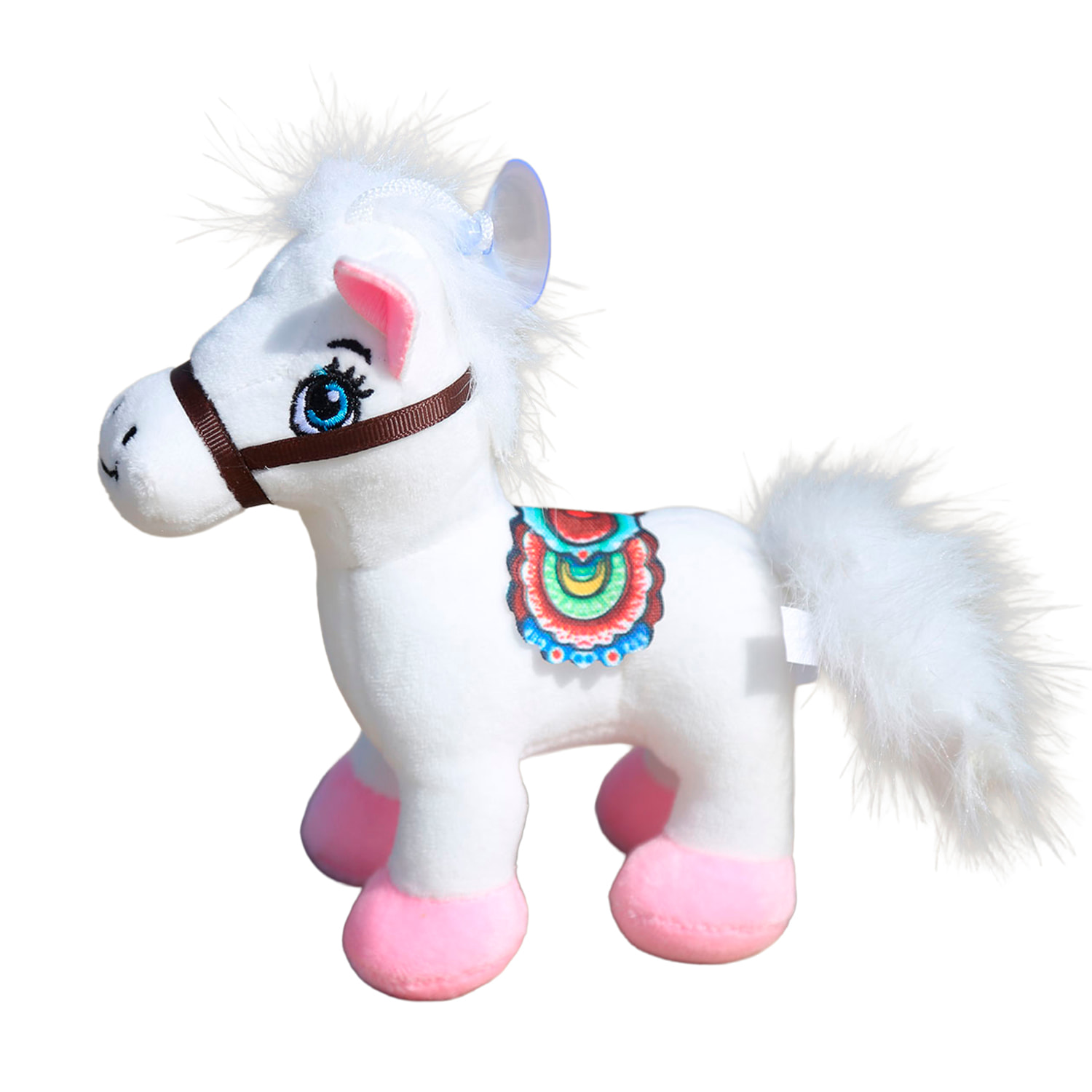 Peluche extra morbido e soffice con ventosa. Design pony con sella. 17 cm.