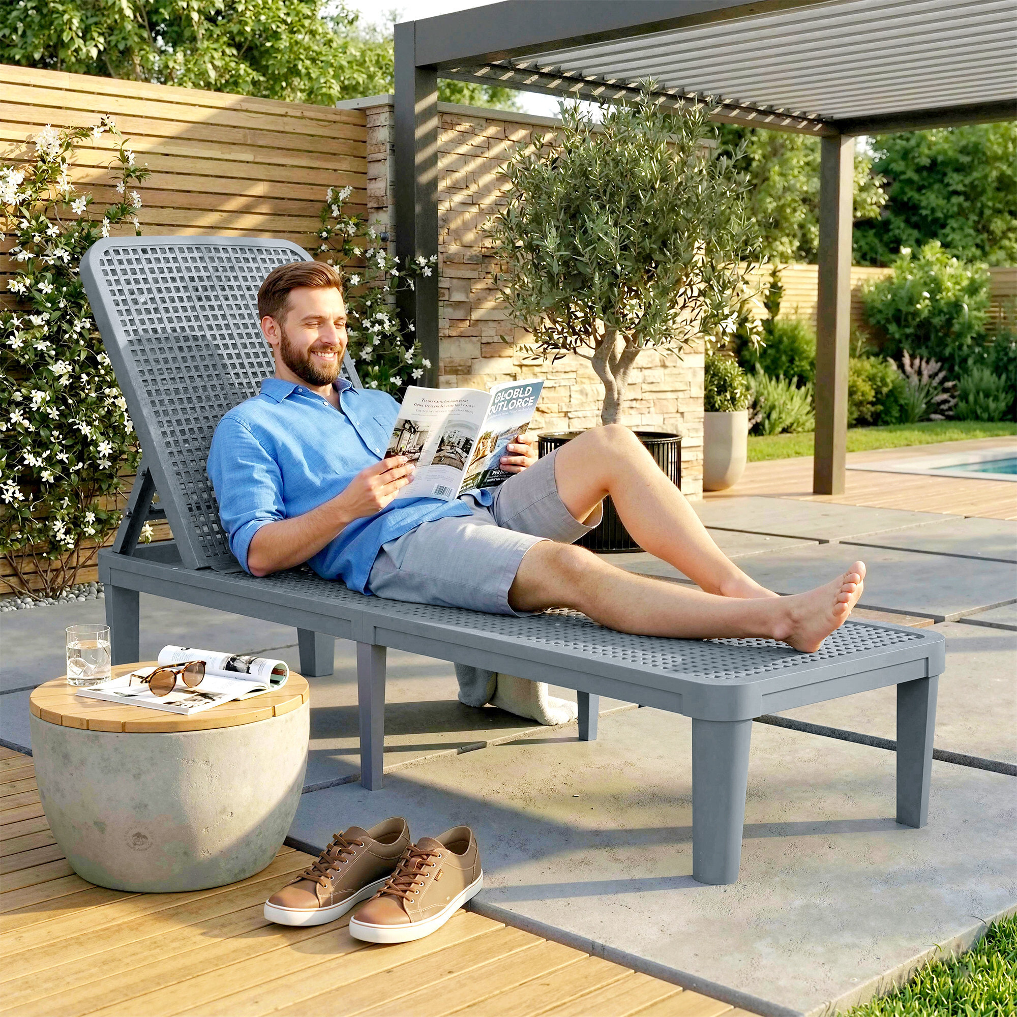 Tumbona Reclinable, Tumbona Jardín Exterior de PP con Respaldo Ajustable en 4 Niveles, Carga 120 kg, para Patio, Terraza, Balcón, Montaje Fácil, 191x55x35,5 cm, Gris Oscuro