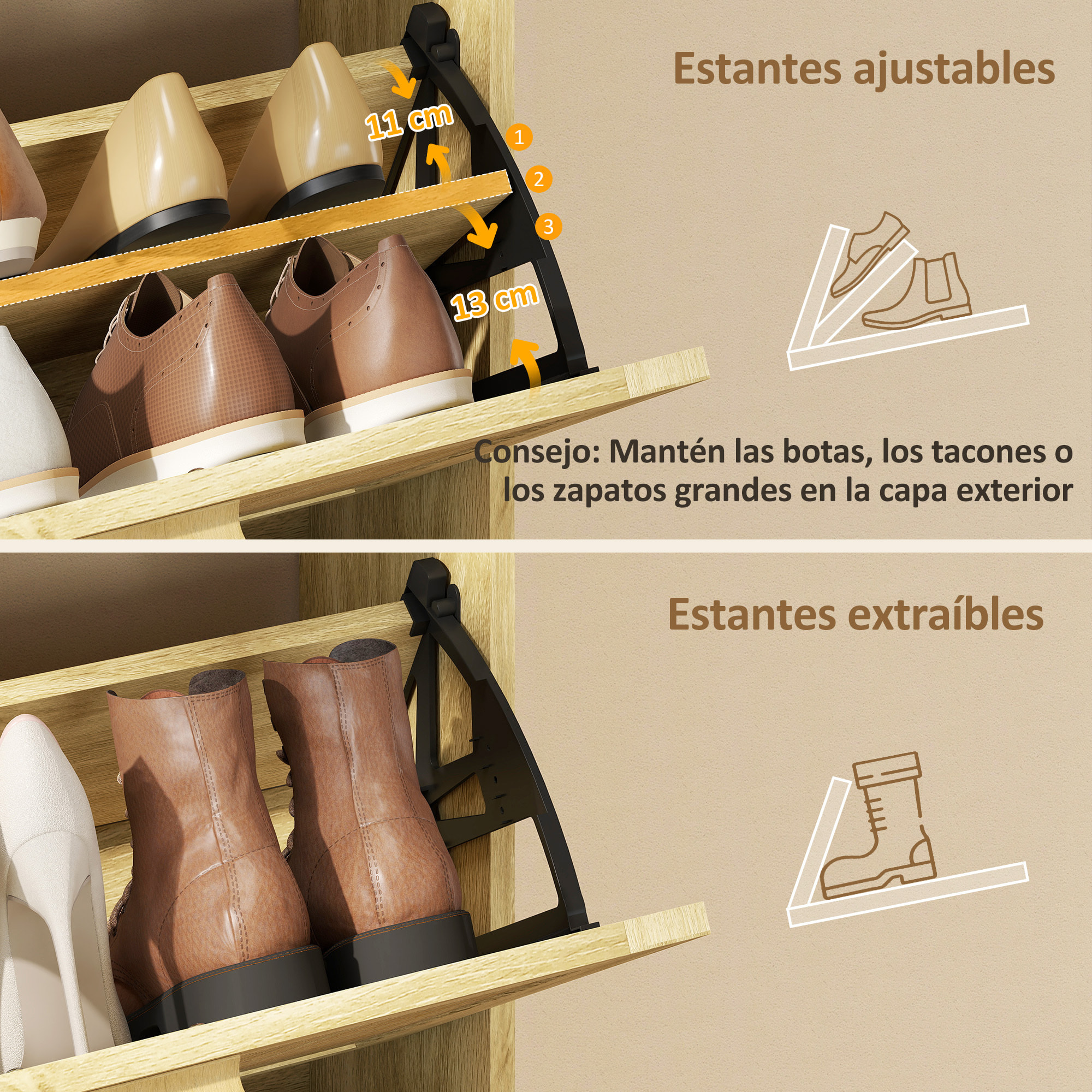 Zapatero Estrecho con 3 Cajones Abatibles, Zapatero de Recibidor Entrada con Estante Abierto, Patas de Madera, para 12-18 Pares de Zapatos, 65x24,5x153 cm, Roble