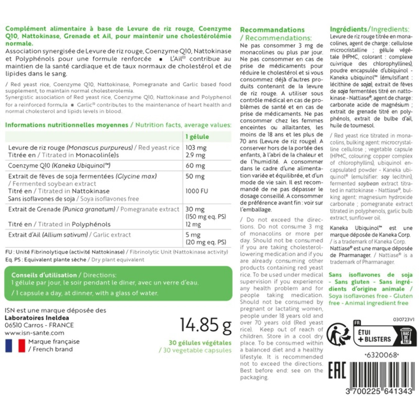ISN - Cholestil - Maintient une cholestérolémie normale et protection du système cardiovasculaire - Complexe synergisé : Levure de riz rouge, Ail et Nattokinase - 30 gélules végétales