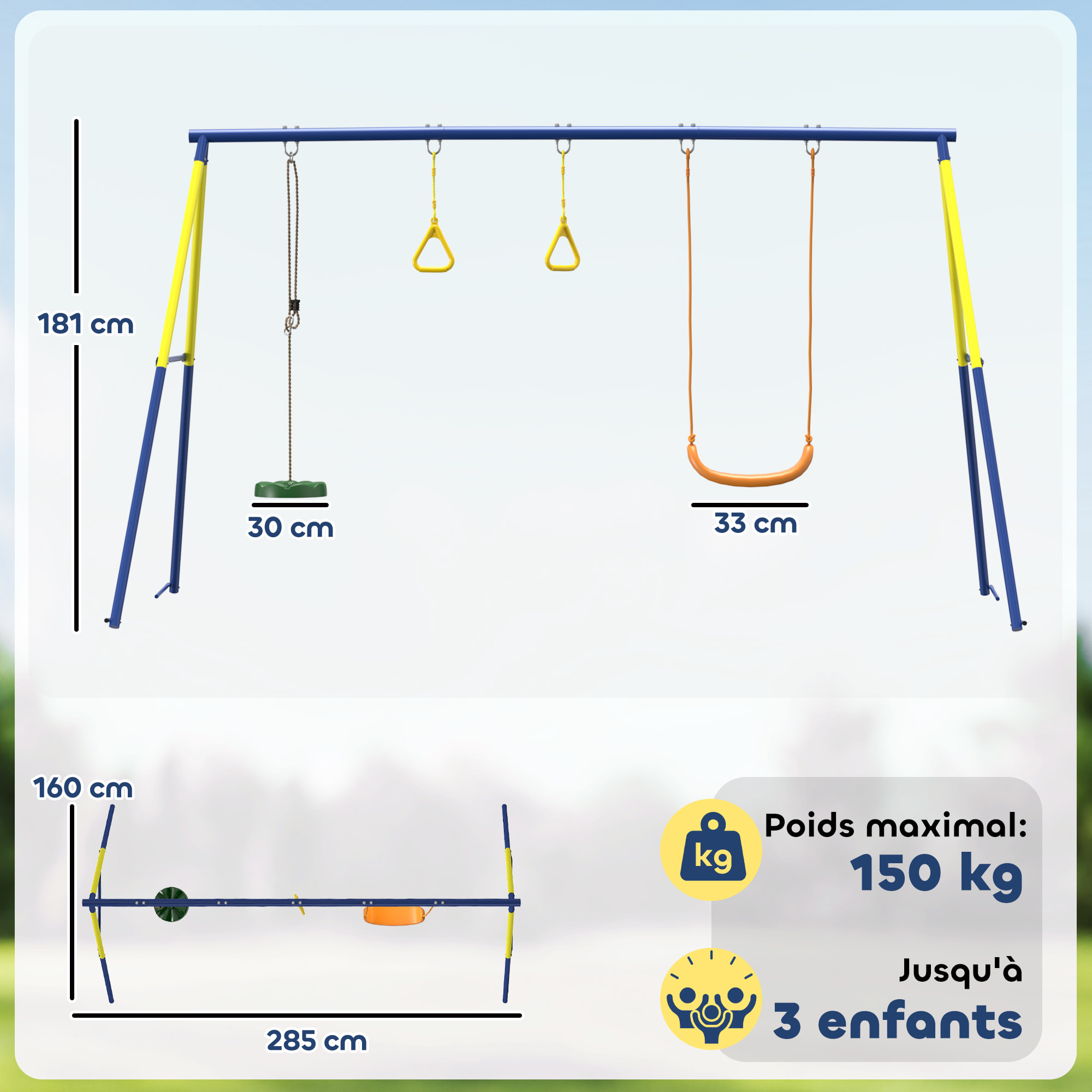 Balançoire 3 agrès - balançoire disque, balançoire une place, anneaux - acier jaune bleu
