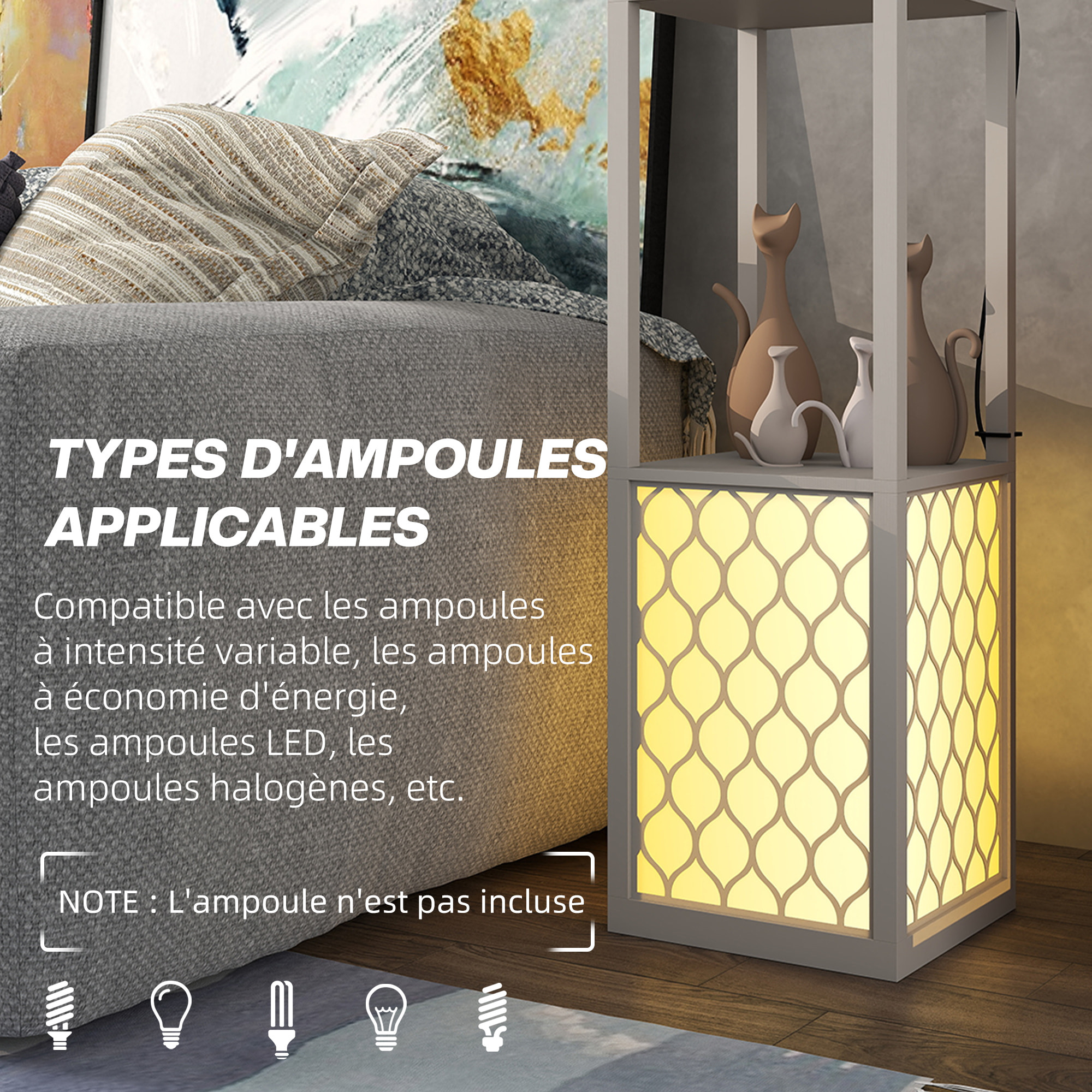 Lampadaire étagère lampe étagère dim. 26L x 26l x 156H cm 2 étagères MDF motif nid d'abeille gris clair