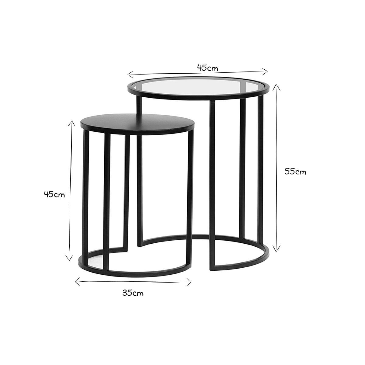Tables d'appoint gigognes en verre trempé et métal noir TAHL