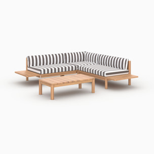 Salon de jardin 4 personnes en teck massif et tissu rayé gris - Nadila