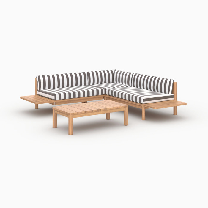 Salon de jardin 4 personnes en teck massif et tissu rayé gris - Nadila