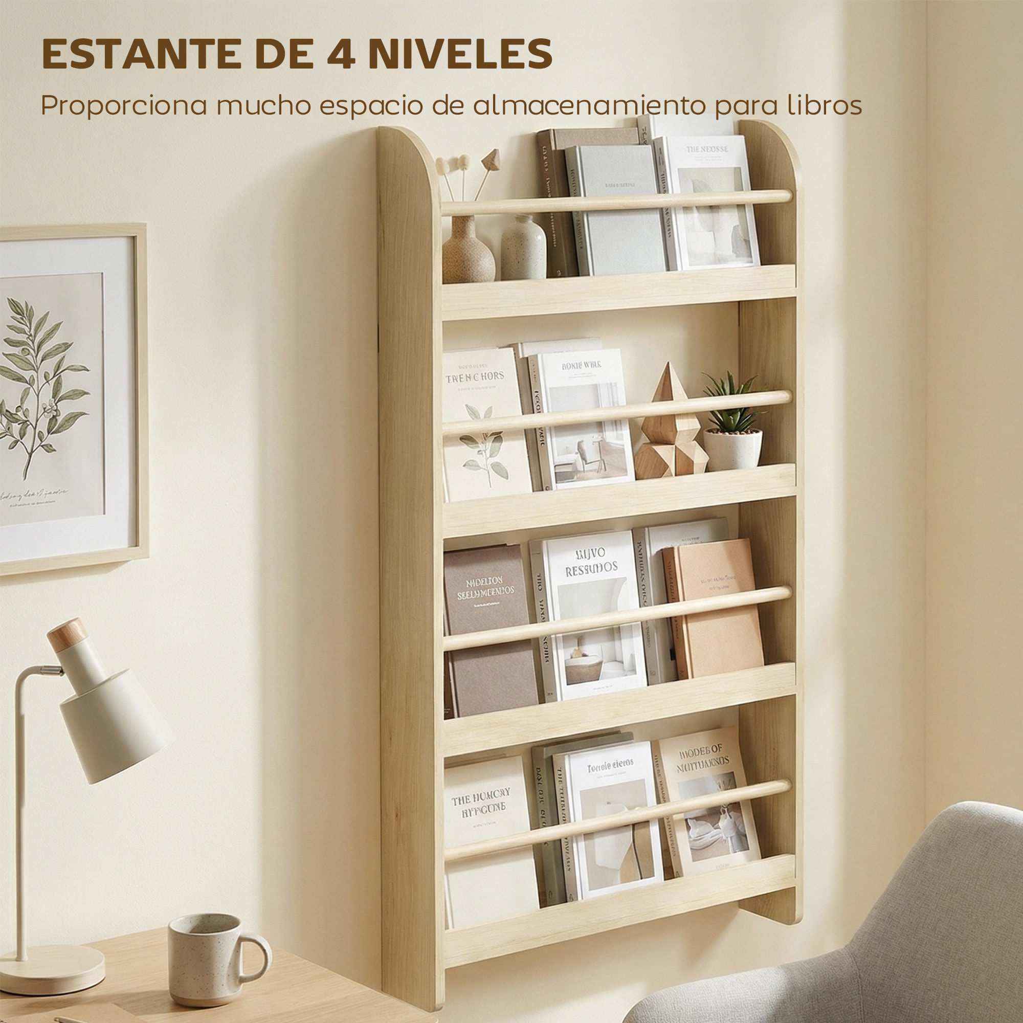 Estantería de Pared de Libros con 4 Estantes Librería Infantil para Hogar Oficina Carga 30kg 59x12x113 cm Natural