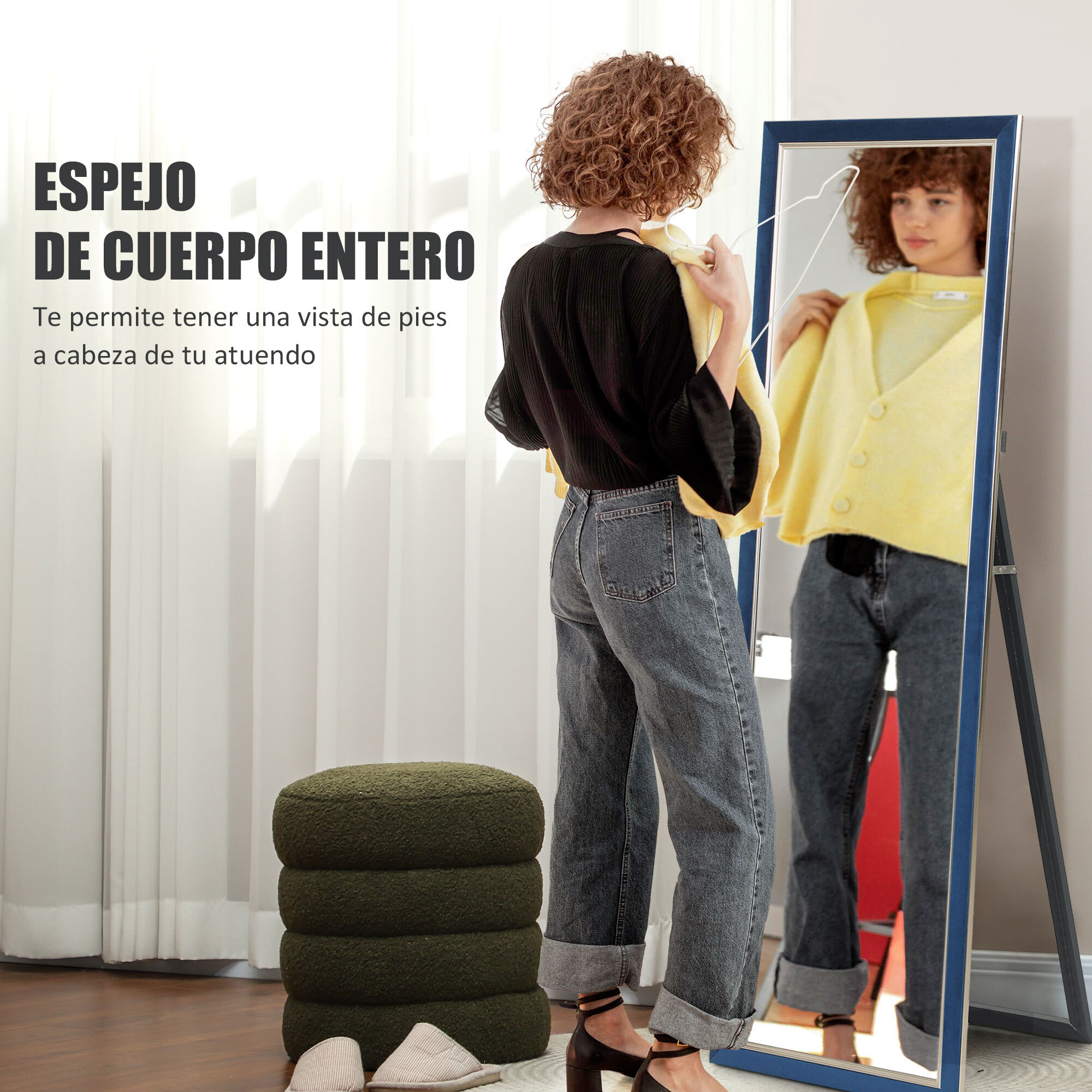 Espejo de Cuerpo Entero 150x50 cm Espejo de Pie o de Pared con Marco en Terciopelo y Soporte para Salón Dormitorio Azul