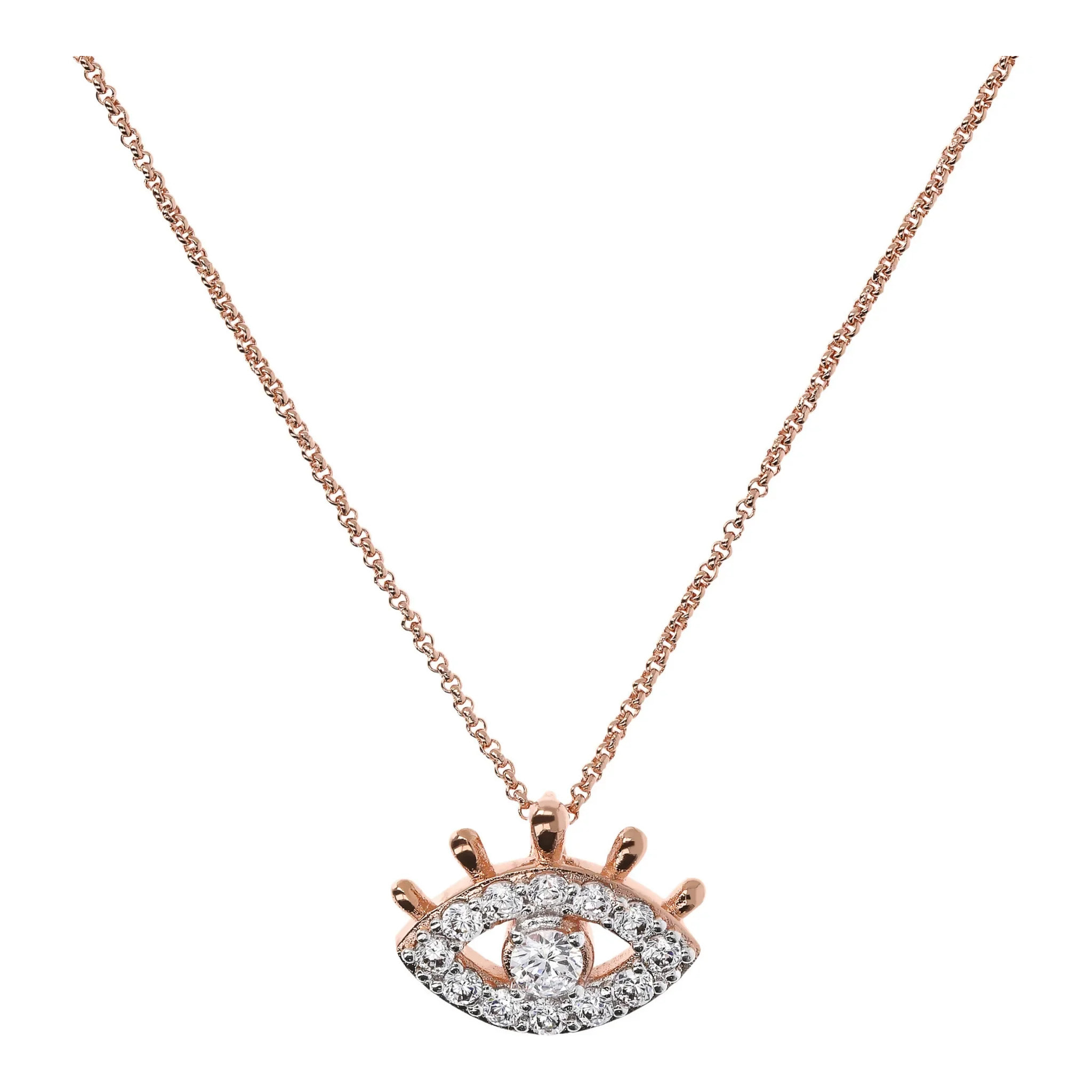 Collana Catena Rolo e Pendente Occhio con Pavé in Spinello Nero Placcata Oro Rosa 18kt