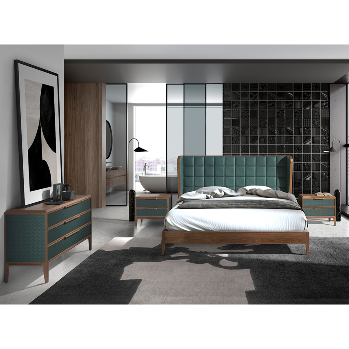 Cama Angel Cerdá de matrimonio con cabecero en polipiel en verde oscuro y estructura de madera chapada en nogal natural 206x213x123cm