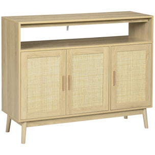 Aparador de Cocina de Estilo Boho Mueble Buffet Auxiliar con 3 Puertas de Ratán Estantes Ajustables y Patas de Madera para Salón Comedor 120x40x97 cm Natural