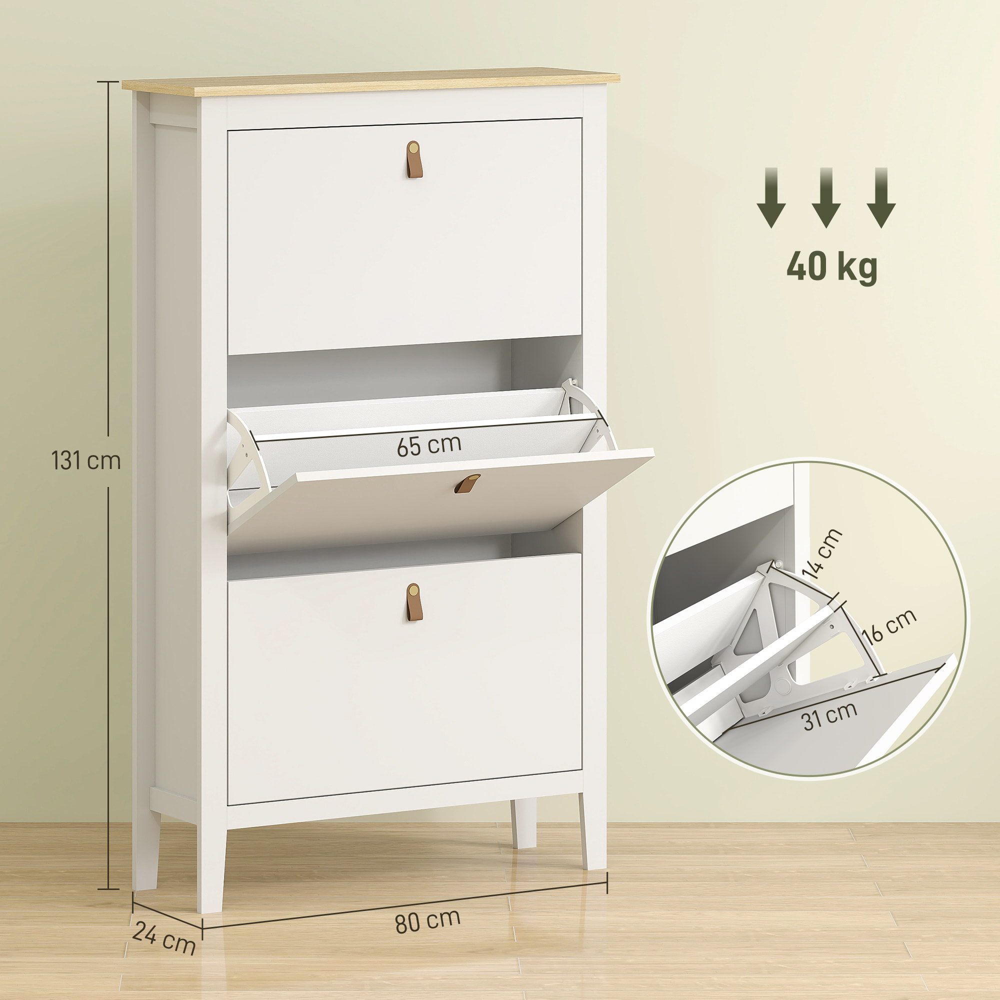 Mueble Zapatero Estrecho Zapatero Entrada Recibidor con 3 Cajones Abatibles Estantes Ajustables y Tiradores de PU para 21 Pares de Zapatos para Pasillo 80x24x131 cm Blanco