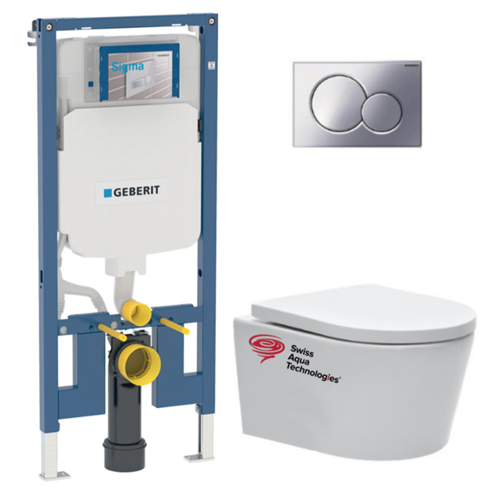 Pack WC sans bride SAT, fixations invisibles + Abattant softclose + Bâti support Geberit Extra-plat UP720 + Plaque Chrome