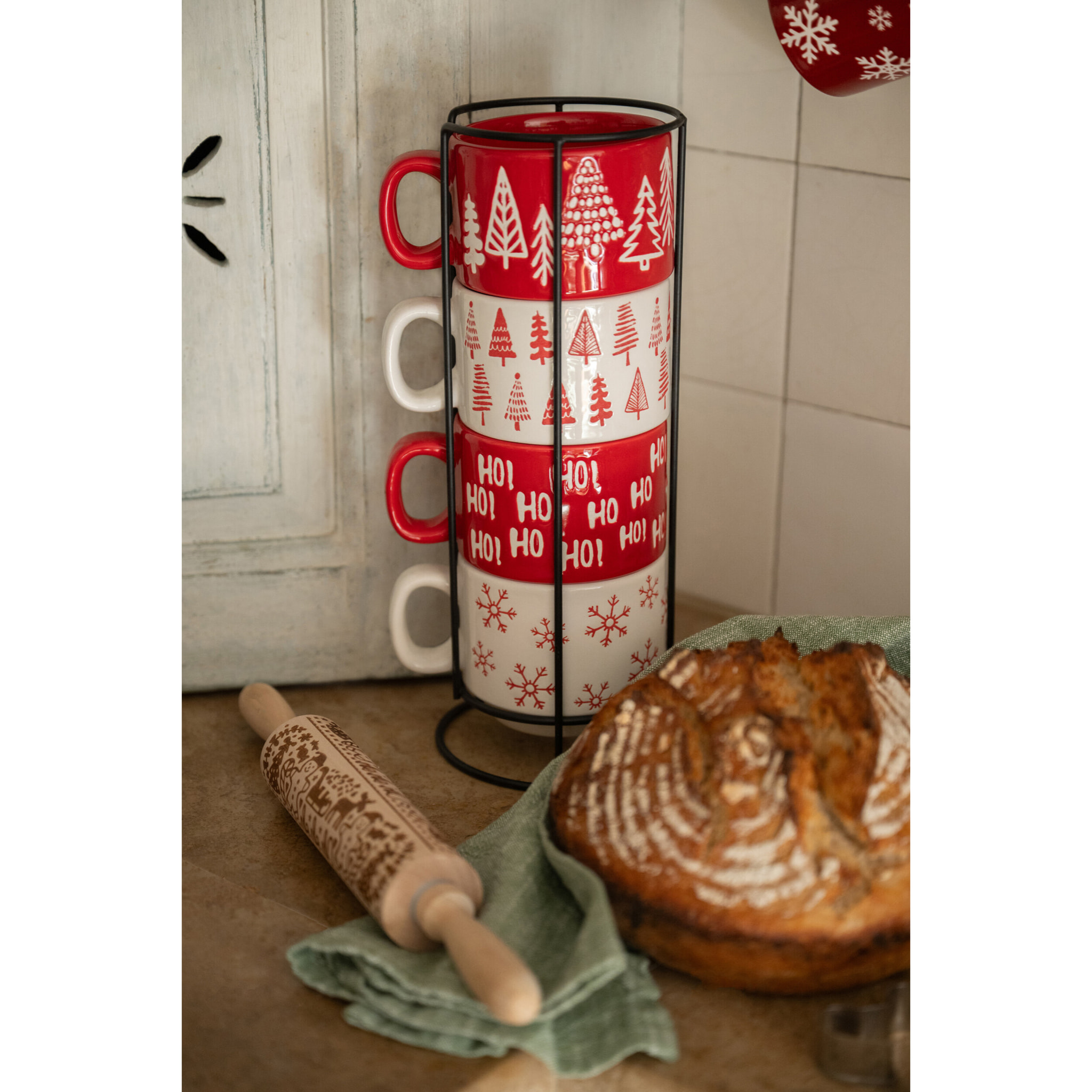 J-Line tasse Noël Dolomie - céramique - rouge/blanc - boîte de 4