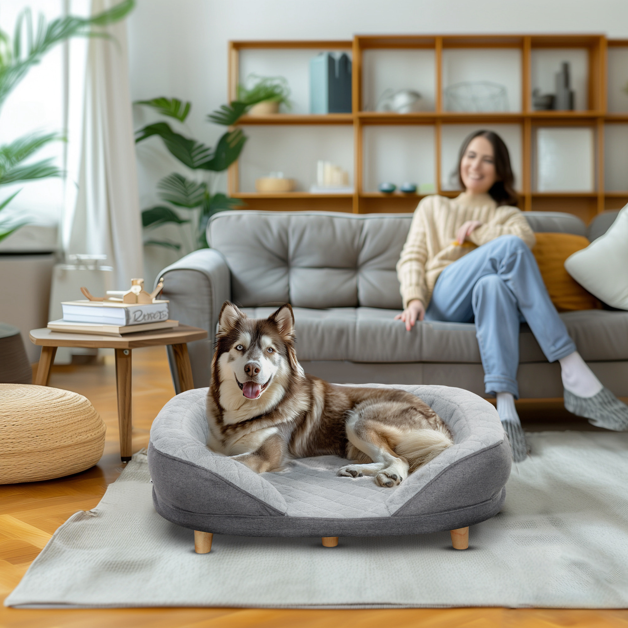 Sofá para Perros Medianos y Grandes Sofá para Mascotas con Parte Superior Desmontable Funda Lavable y Patas de Madera Carga 25 kg 90x78x25 cm Gris