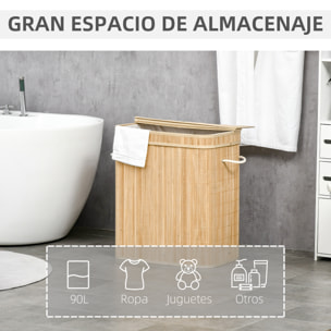 Cesto de Ropa Sucia con Tapa, 90L, Cesta Ropa Sucia de Bambú con 2 Compartimentos, Bolsa Interior Extraíble y Lavable, Asas, para Lavandería, Dormitorio, 54,2x35,2x59,5 cm, Natural