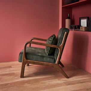 Fauteuil scandinave bois d'hévéa teinté noyer clair et velours LORENS