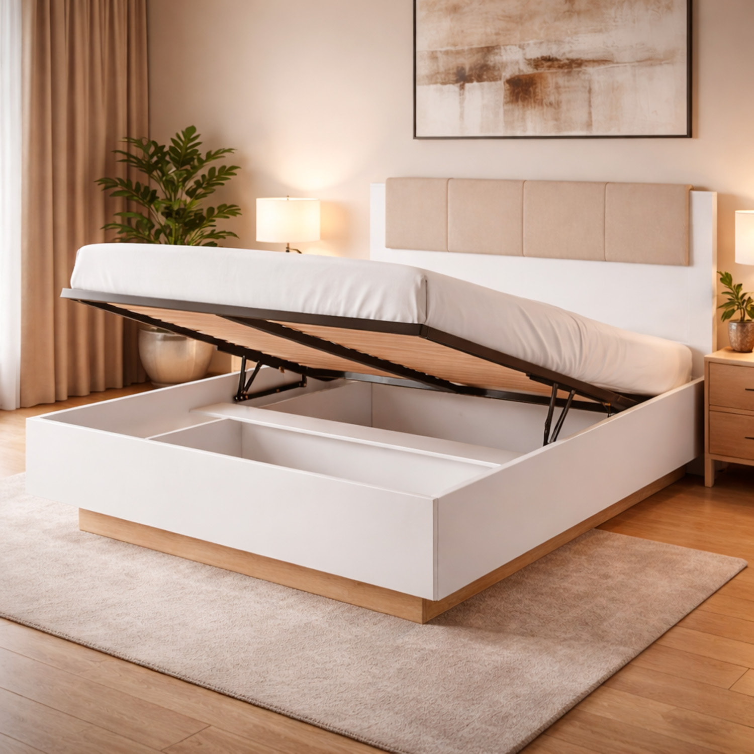 Testiera Imbottita Con Contenitore Letto Matrimoniale Mobile Camera Da Letto Struttura Moderna Zona Notte 165 x 104.5 x 210 Cm Bianco E Rovere