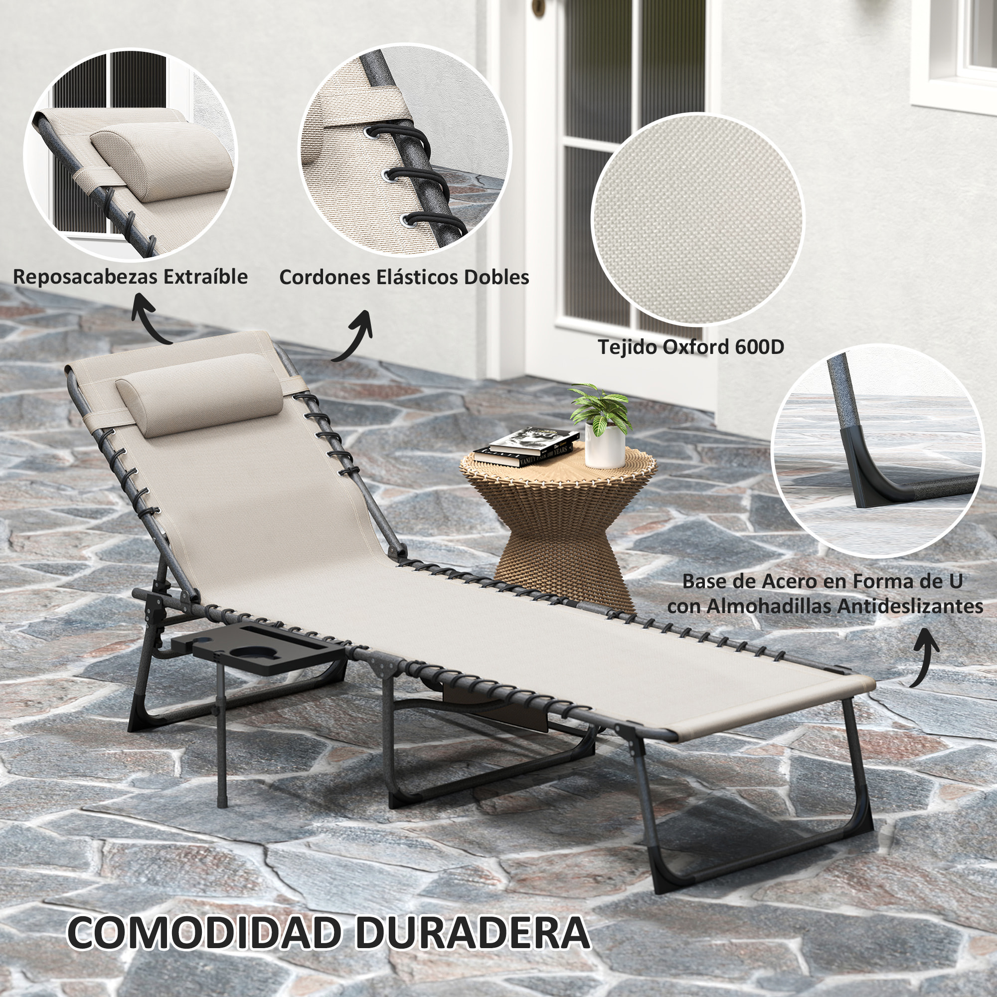 Tumbona Plegable, Tumbona Jardín Exterior con Respaldo Ajustable, Reposacabezas, Bolsillo Lateral, Bandeja y Estructura de Acero, Carga 120 kg para Terraza Piscina Playa, 190x60x31 cm, Crema