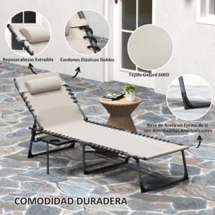 Tumbona Plegable, Tumbona Jardín Exterior con Respaldo Ajustable, Reposacabezas, Bolsillo Lateral, Bandeja y Estructura de Acero, Carga 120 kg para Terraza Piscina Playa, 190x60x31 cm, Crema