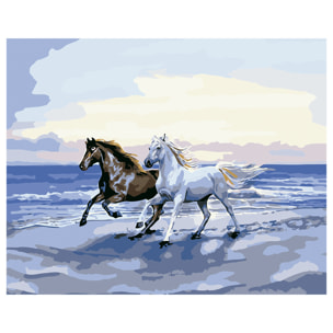 Lienzo con dibujo para pintar con números, de 40x50cm. Diseño caballos en la playa. Incluye pinceles y pinturas necesarias.