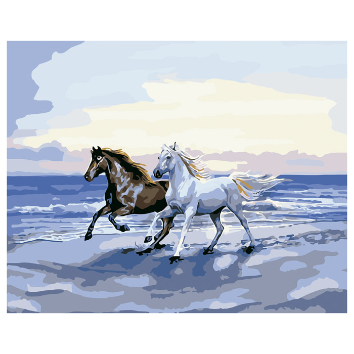 Lienzo con dibujo para pintar con números, de 40x50cm. Diseño caballos en la playa. Incluye pinceles y pinturas necesarias.