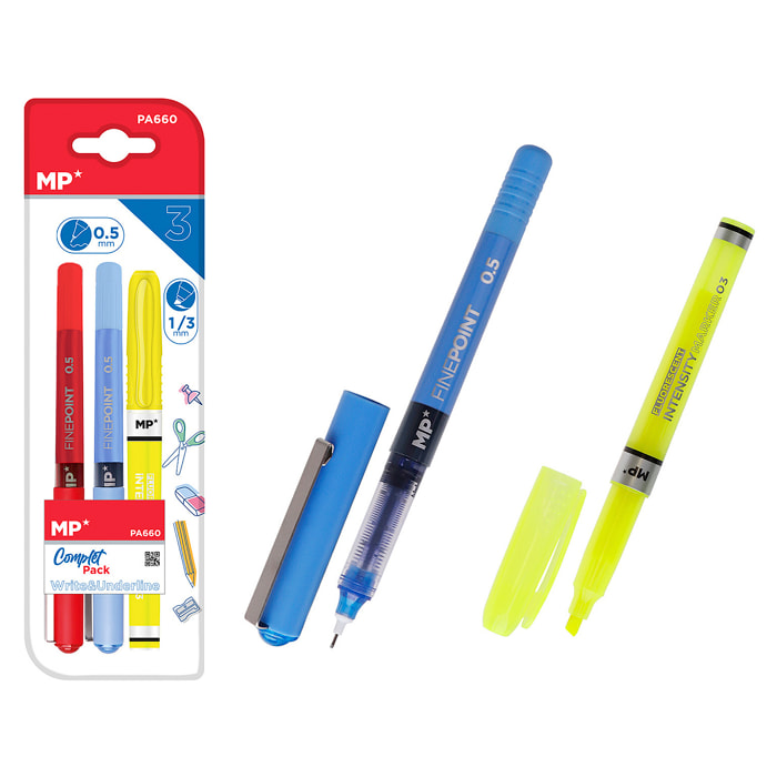 SET DI SCRITTURA: 2 penne a sfera con punta a ago e 1 evidenziatore fluorescente.