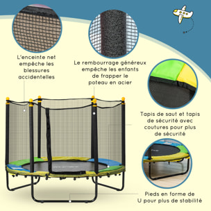 Trampoline enfant Ø 1,40 × 1,13H m filet de sécurité porte zipée couvre-ressorts multicolore 6 poteaux rembourrés noir