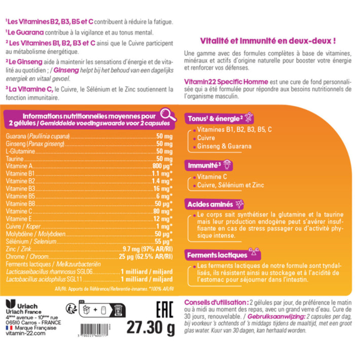 VITAMIN'22 - Specific Homme - Complément alimentaire à base de 14 vitamines et minéraux - Répondre aux besoins spécifique de l'homme - Sans gluten - Fabriqué en France - Lot de 3 produits