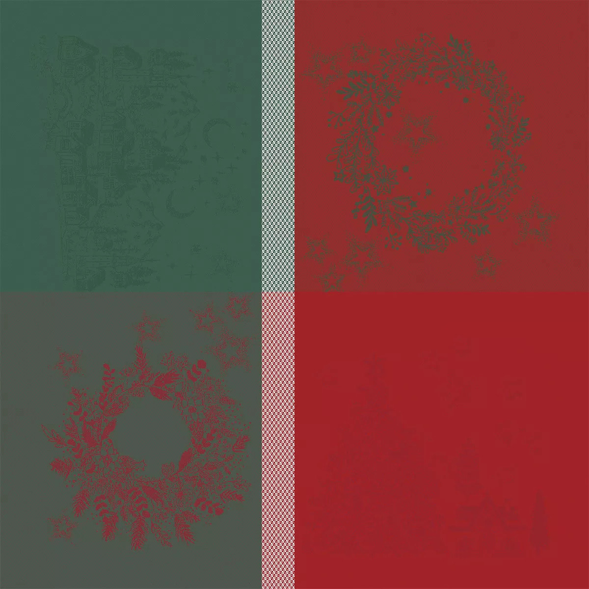 Serviette pur coton 220 g/m² motif jacquard vert rouge Noel magique houx