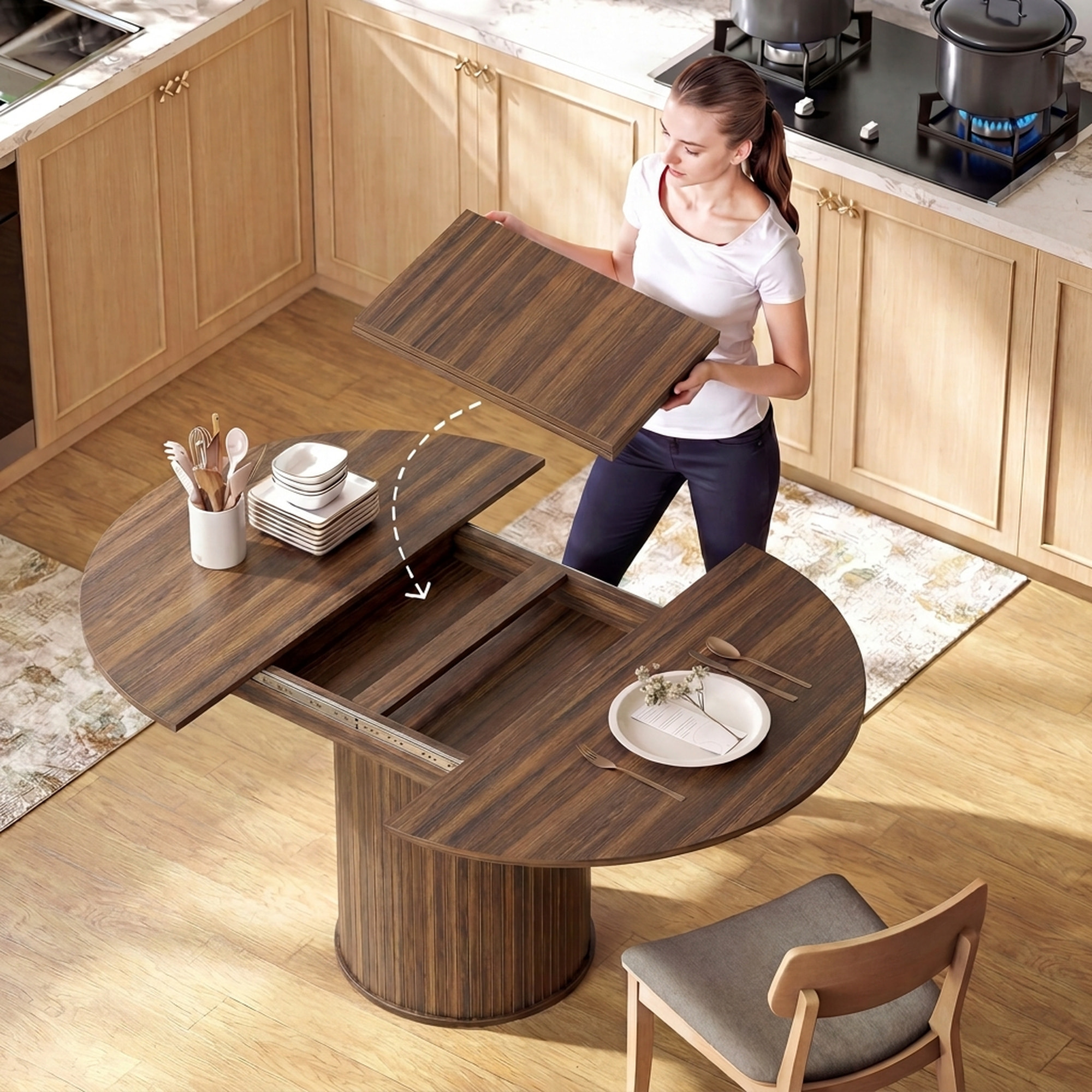 Table ronde extensible table de salon design bois 6-8 personnes dia. 110-150 x 75 cm effet bois noyer