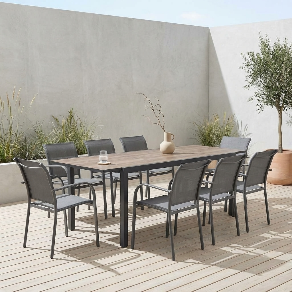 Table de jardin extensible aluminium effet bois + 8 assises NASHVILLE 240 + AMARA
