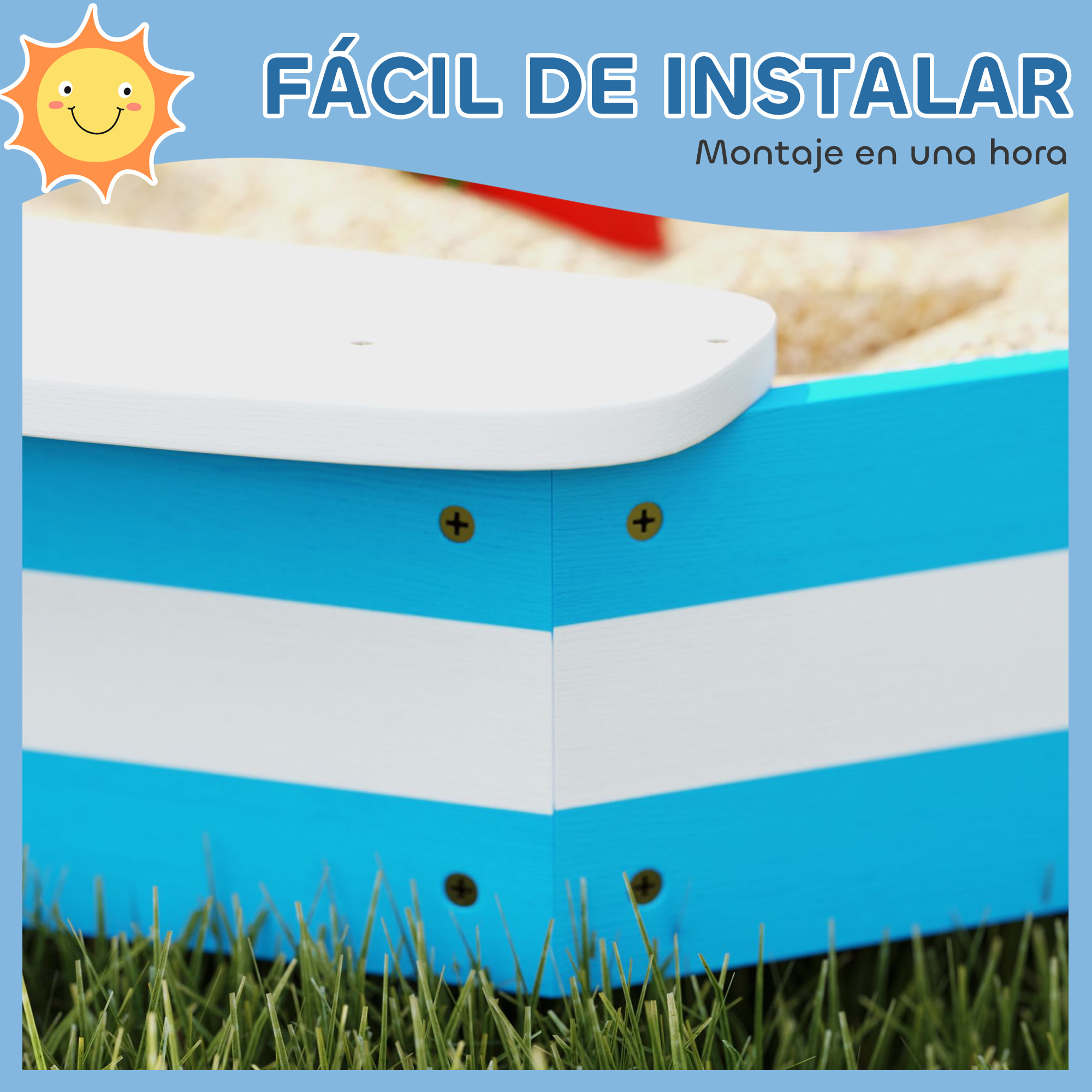 Arenero para Niños de +3 Años Arenero Infantil Cuadrada con 4 Asientos para Exterior 133x133x16 cm Azul y Blanco