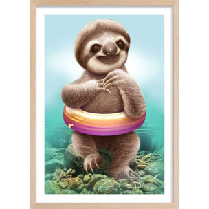 Affiche enfant jeune paresseux avec bouée  Affiche + cadre en bois - Chêne