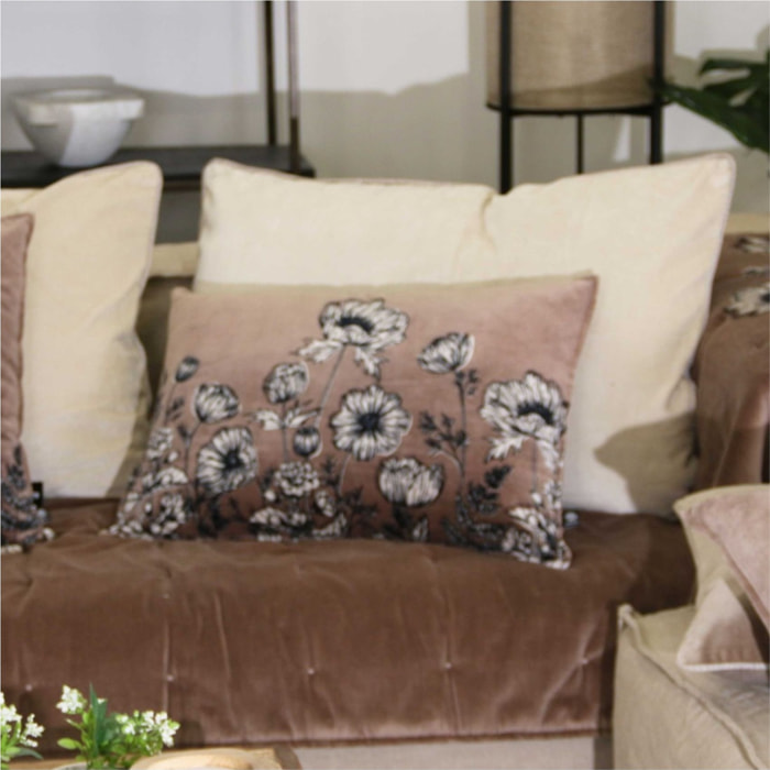 Coussin en velours fleuri - Taupe