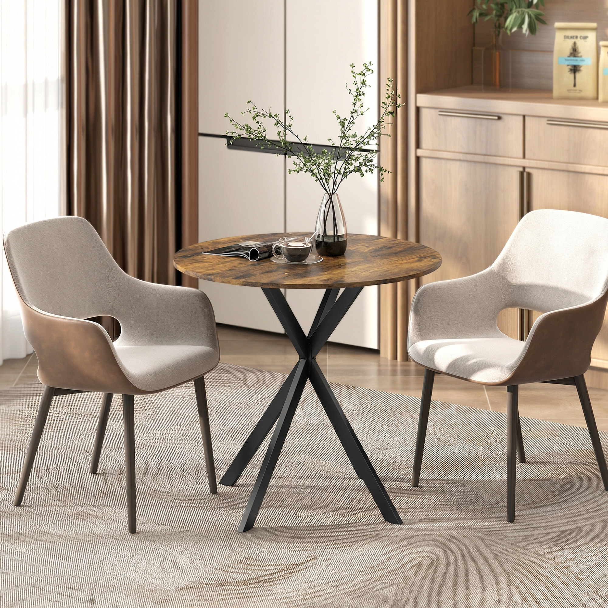 Table ronde style industriel bois métal 2 pers. dia. 80 cm vieilli