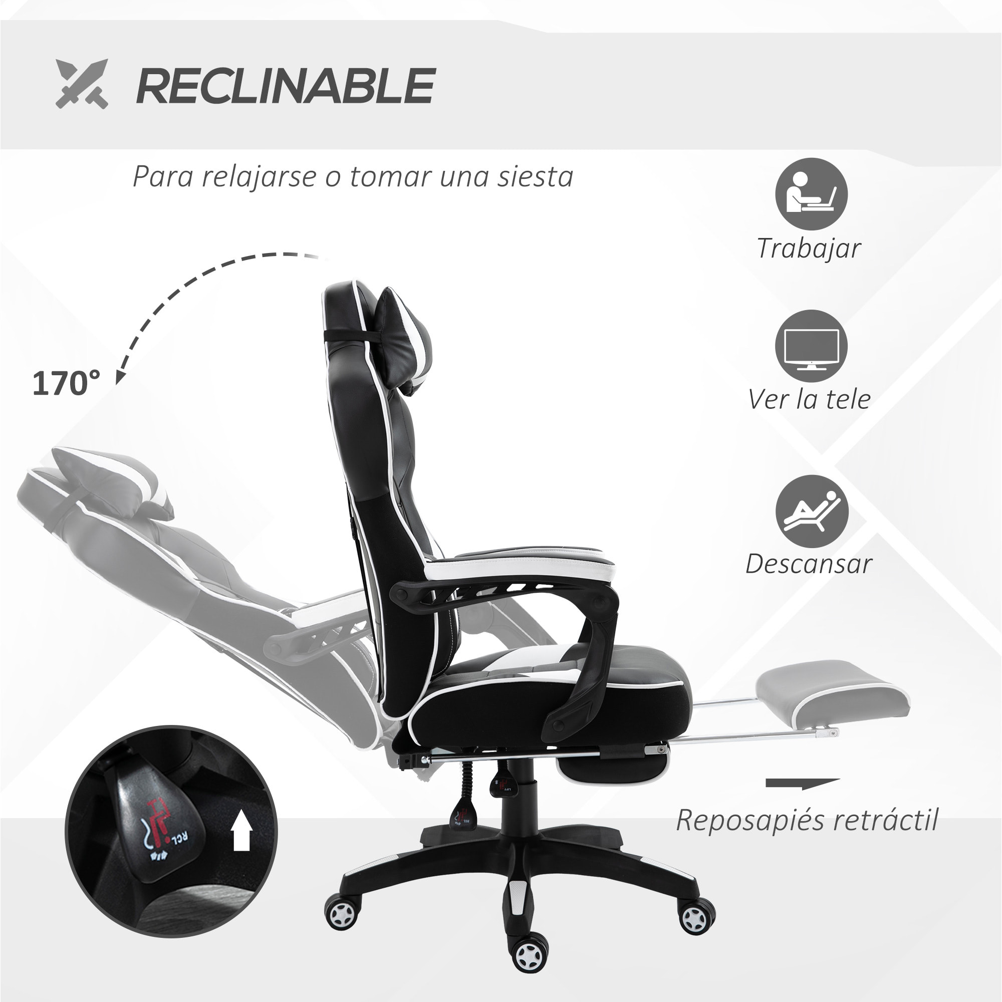 Silla Racing de Escritorio Reclinable Negro y Blanco