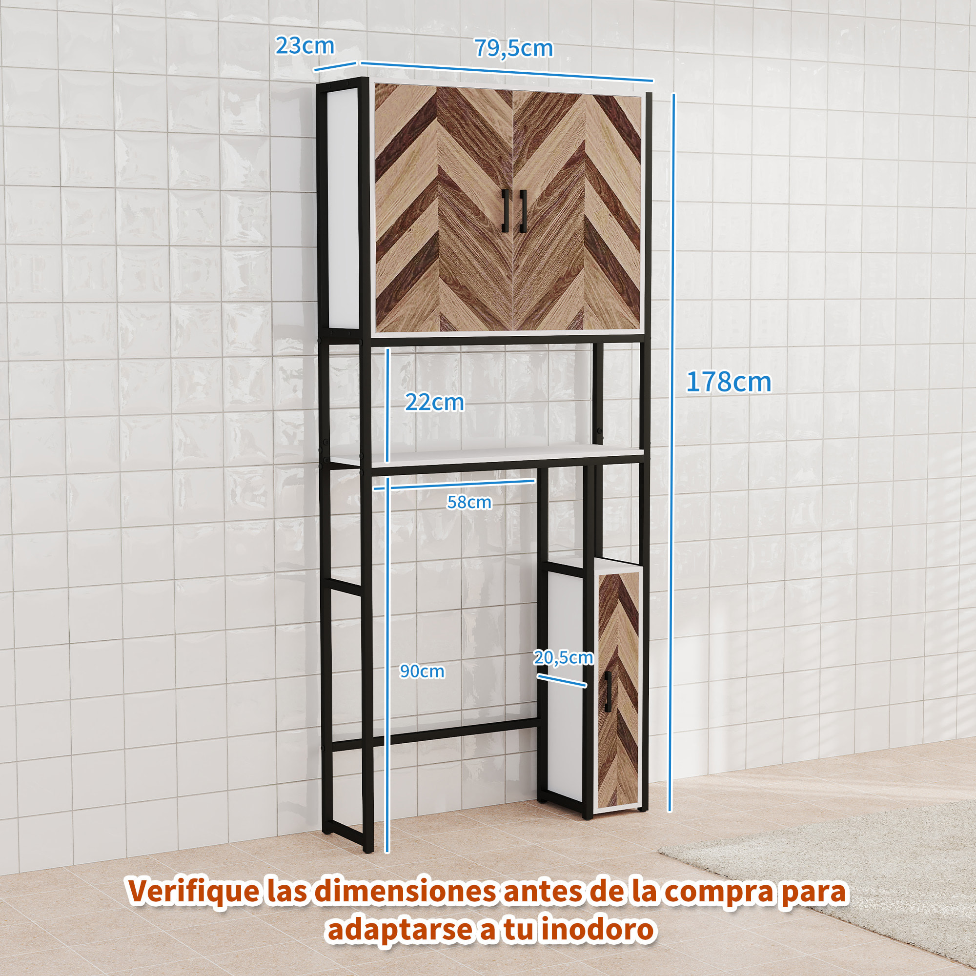 Mueble sobre Inodoro Armario sobre Inodoro con 3 Puertas 2 Estantes Ajustables y Compartimento Abierto Mueble de Baño 79,5x23x178 cm Multicolor